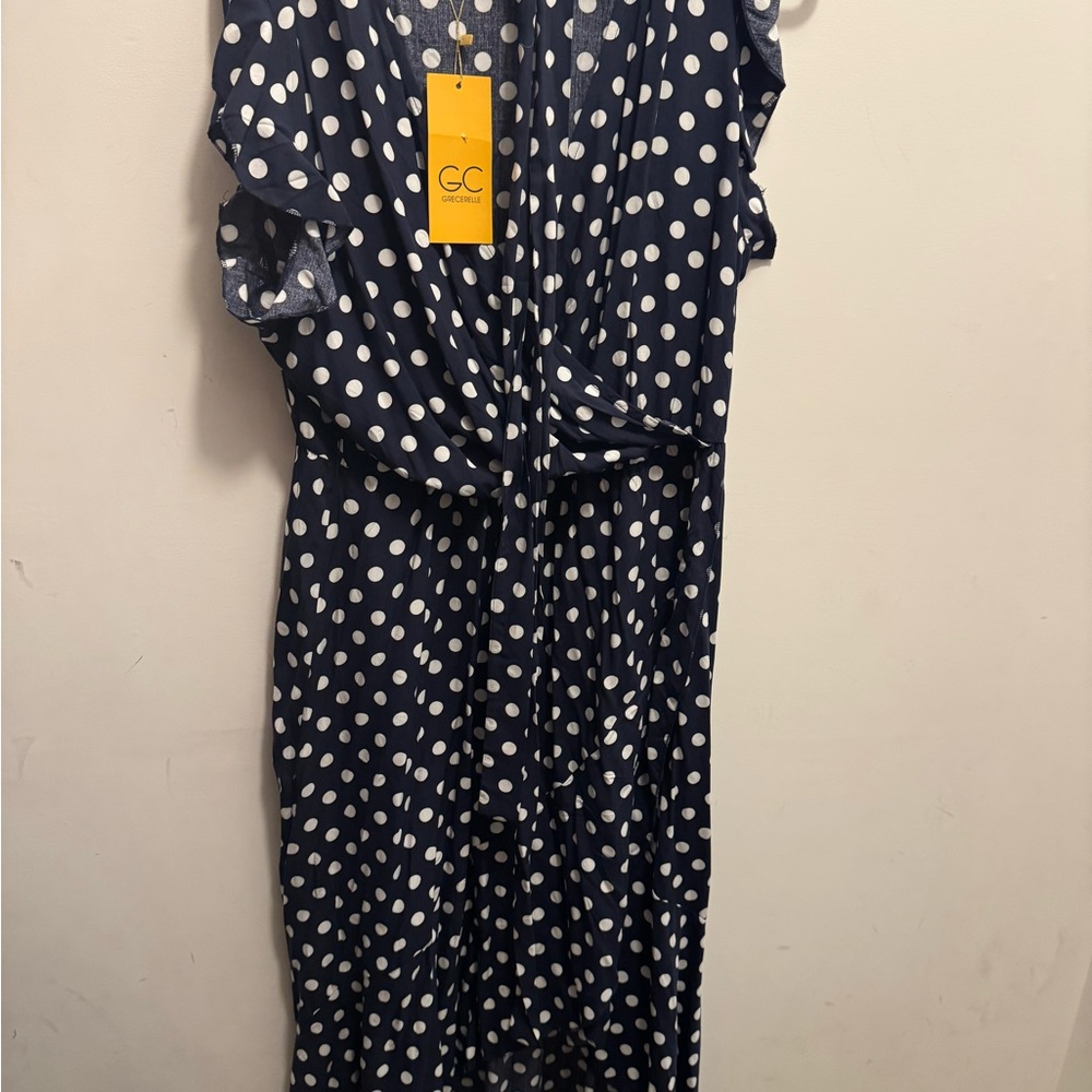 Navy Polka Dot Dress short ruffle sleeve resort wear graduation summer party